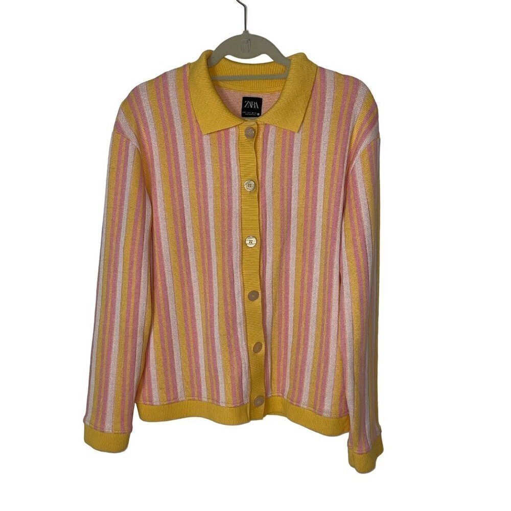 Zara Womens Cardigan Size Small Button Front Long Sleeve Yellow Pink Striped - Picture 7 of 8